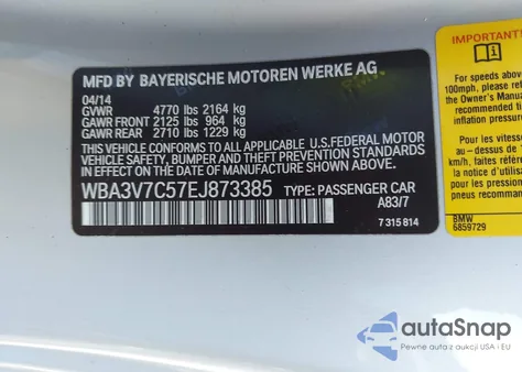 2014 BMW 428I z USA, uszkodzony, nr VIN WBA3V7C57EJ873385